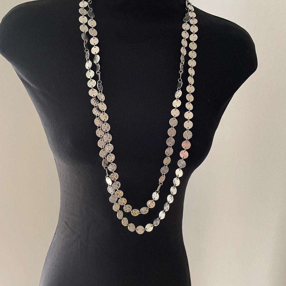 Silver Tone Triple Strand Textured Coin Disc Statement Necklace Adjustable